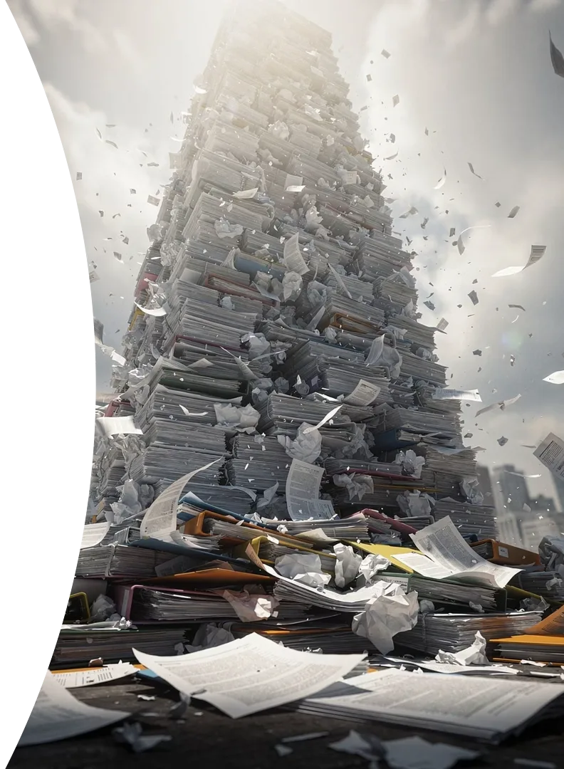 Tower of scattered documents and files illustrating the volume and chaos of unmanaged unstructured data